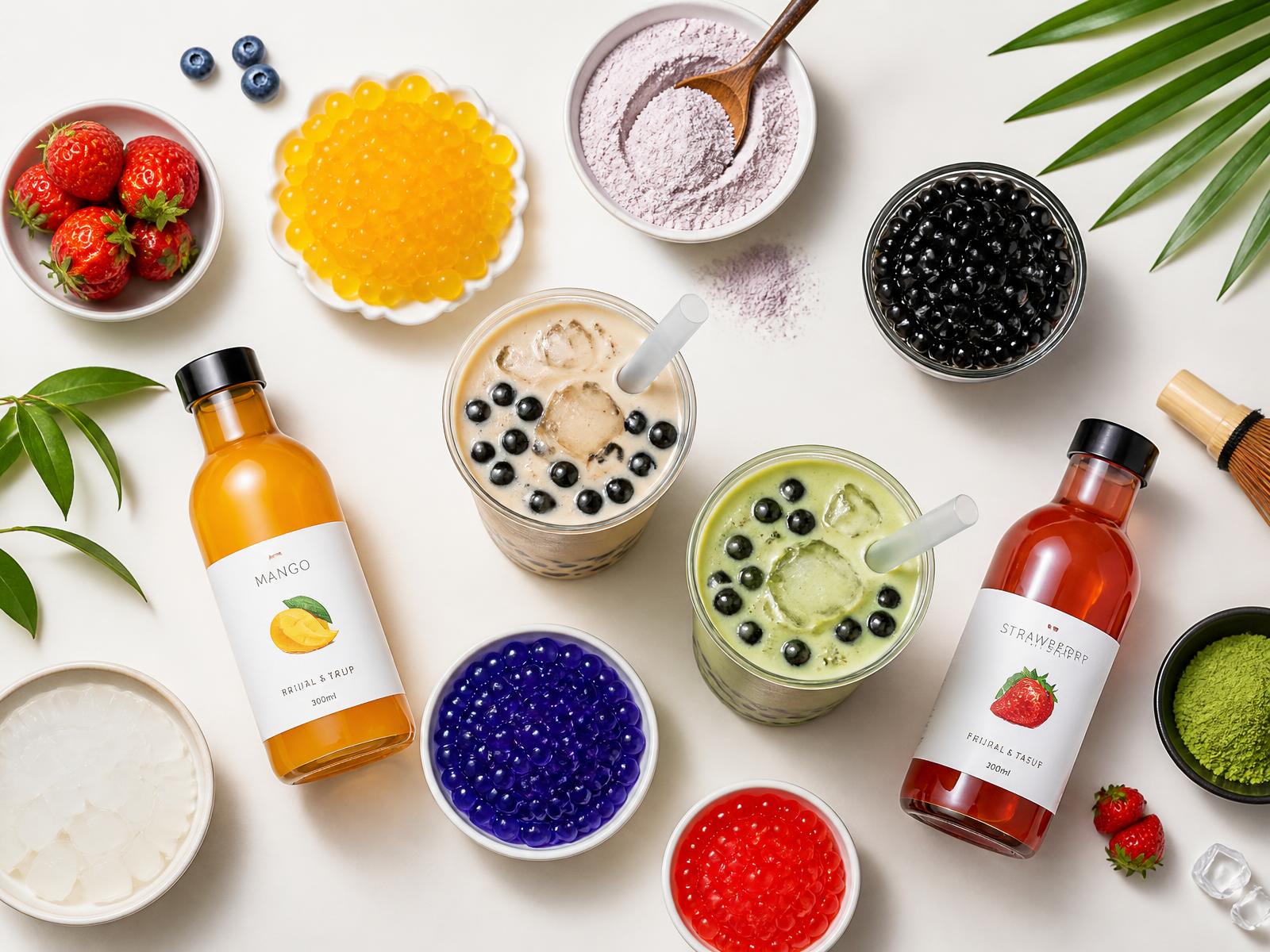 Bubble Tea Zutaten: Tapioka-Perlen, Popping Boba, Sirup, Matcha, Taro und Milchtee